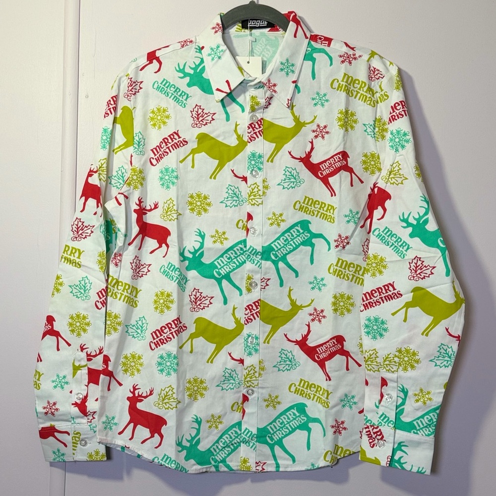 Men's Christmas Holiday Button-Down Shirt with Reindeer Print, size Medium NWT